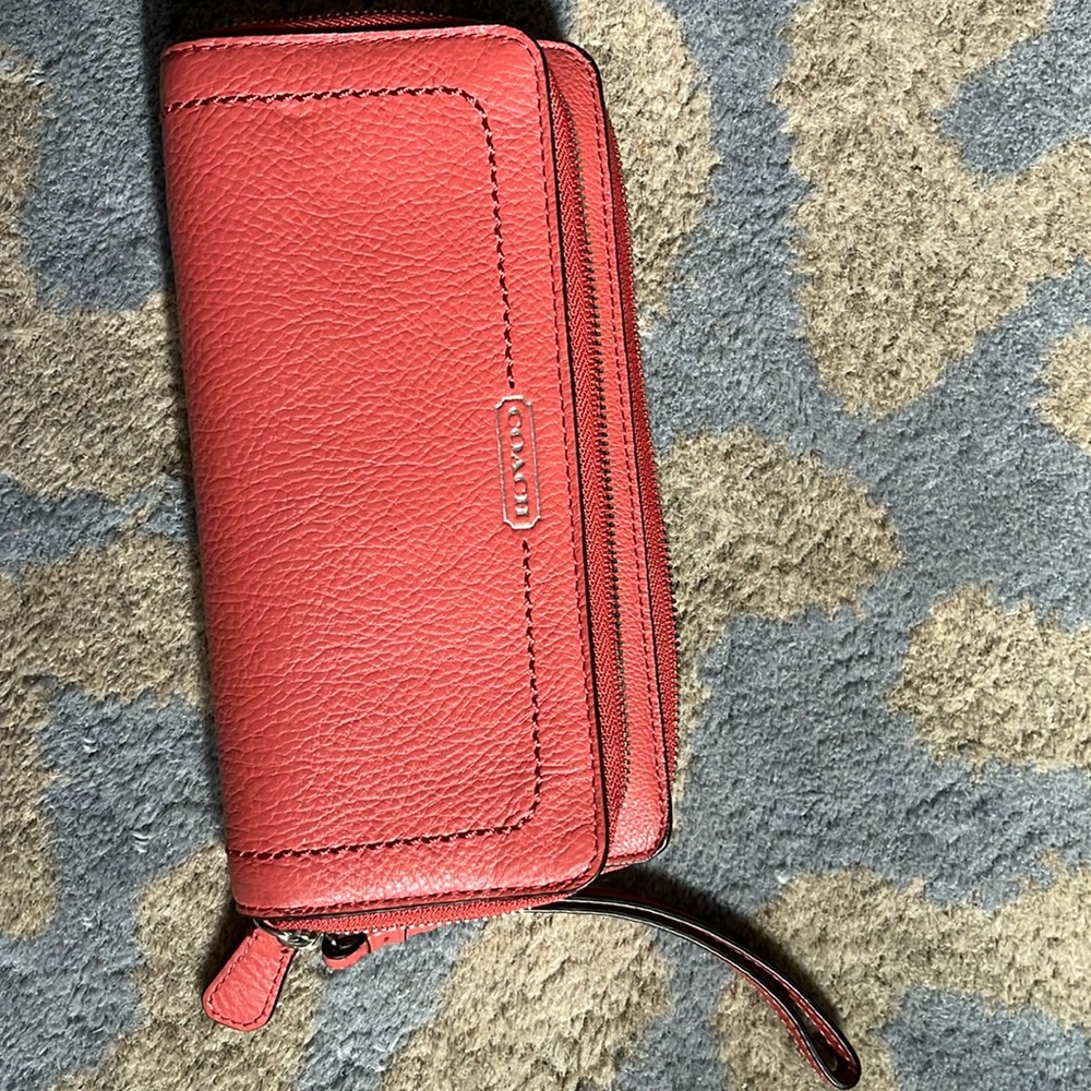 Sienna colored pebbled leather double zip Coach wallet